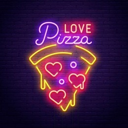 pizza love. 3d neon sign. realistic neon sign. love day banner, logo, emblem and label. bright signboard, light banner.  