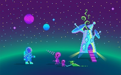 pixel art story about friendship between man and aliens.