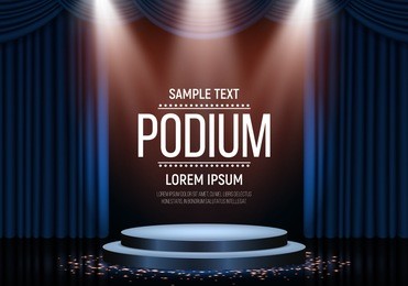 podium with curtain on bright background. empty pedestal for award ceremony. platform illuminated by spotlights. vector illustration.