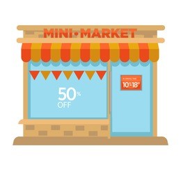 mini market shop booth facade building of grocery store vector flat design isolated icon