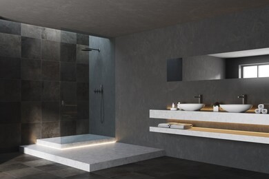 black and tiled bathroom corner with a black tiled floor, a tub and a shower. 3d rendering mock up