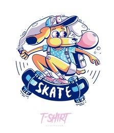 poster, card or t-shirt print with stylish dog skater. trendy hipster style illustration. vector