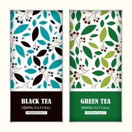 set of vector arts for tea packages, labels or stickers. background for black and green tea. herbal, branches and leaves illustration, simple flat style. blue, green, black colors
