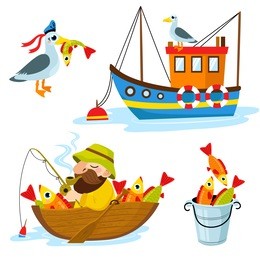 set of happy fisherman character hold big fish, seagull, fish and boat. vector flat cartoon illustration