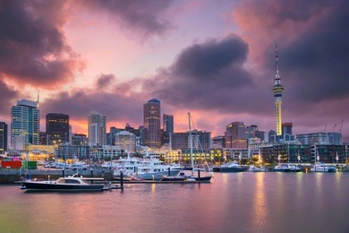 auckland. cityscape image of auckland skyline, new zealand during sunrise.