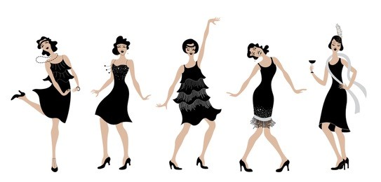 charleston party.black dress dancing girls  silhouette .gatsby style set. group of retro woman dancing charleston.vintage style. retro silhouette dancer.1920 party vector background.swing dance girl