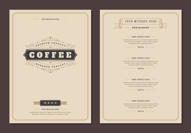coffee shop logo and menu design vector brochure template.