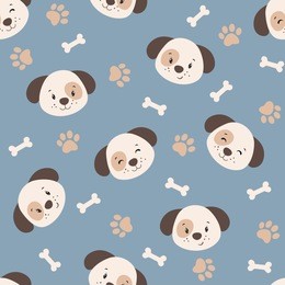 vector seamless pattern with cute cartoon puppies, bones and dog paws on blue background