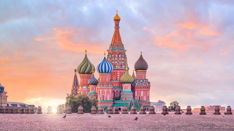 basil's cathedral at red square in moscow, russia at sunrise