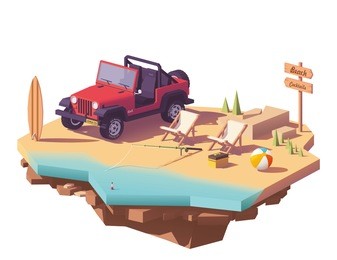 vector low poly off-road vehicle on the beach seaside with deckchairs, surfing board and fishing equipment