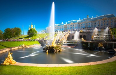 peterhof, russia,  grand cascade in pertergof, st-petersburg. the largest fountain ensembles in the world, comprising more than 60 water fountains. wide angle lens and long exposition.