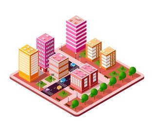 colorful 3d ultraviolet isometric city skyscrapers set houses and street of the urban multicolored landscape object for design, presentation, real estate agency