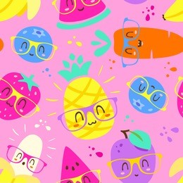 vector cartoon punchy pastel fruits in glasses pink seamless pattern