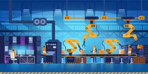 efficient smart factory with workers, robots and assembly line, industry 4.0 and technology concept vector illustration