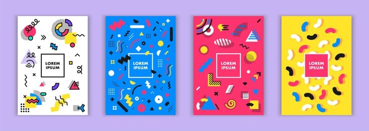 set of memphis style bright covers. abstract geometric art for a4 covers, banners, flyers and posters. eps10