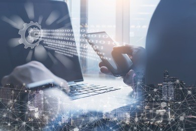 ai, artificial intelligence, internet of things iot concept, software developer coding, using mobile smart phone, laptop computer on technology interface, 4.0 industrial technology development