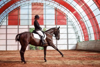a sweet girl jockey rides a horse in a covered arena. training of the spanish lynx. a pedigree horse for equestrian sport.