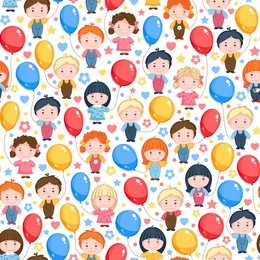 children with balloons, red, yellow and blue. seamless vector pattern on white background.