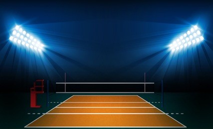 volleyball court arena field with bright stadium lights design. vector illumination