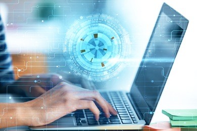 close up of hands using laptop with abstract digital business interface. future, innovation and finance concept. double exposure 