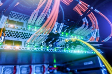 fiber optical connector interface. information technology computer network, telecommunication fiber optical cables connected. data server.