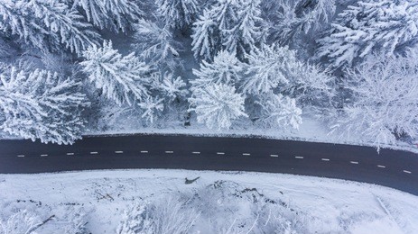 aerial view of road through a winter forest.