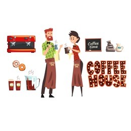 smiling bearded man with cezve and woman barista with cup. coffee shop workers wearing plaid shirts and aprons. coffee maker, milk, donuts, cafe sign. flat vector