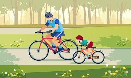 happy family is riding bikes outdoors and smiling. father on a bike and son on a balancebike in the park.  vector illustration