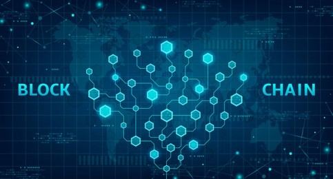 abstract blockchain concept web banner. modern concept of digital technology in the shape of block chain with binary code cells. vector illustration with network circuit.