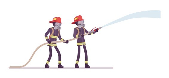 young male firefighters with water hose. professional firemen in uniform, fire department rescuer. emergency services jobs concept. vector flat style cartoon illustration isolated on white background