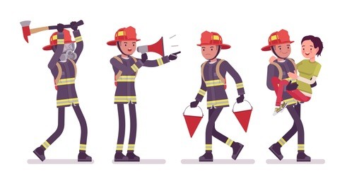 young male firefighter at work. professional fireman in uniform, fire department rescuer with gear. emergency services jobs concept. vector flat style cartoon illustration isolated on white background