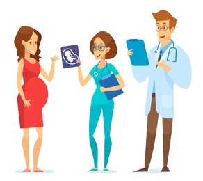 happy pregnant woman visiting doctors  in a hospital. doctors  talking with her. team of medical workers on a white background.  vector flat cartoon illustration.