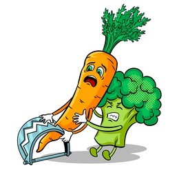 cartoon carrot fell into trap and broccoli tries to free it pop art retro vector illustration. isolated image on white background. comic book style imitation.