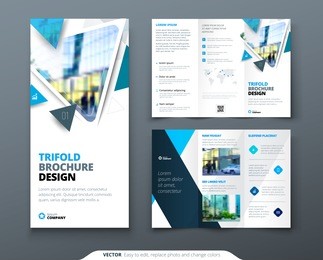 bifold brochure design. blue template for bi fold flyer. layout with modern triangle photo and abstract background. creative concept folded flyer or brochure.