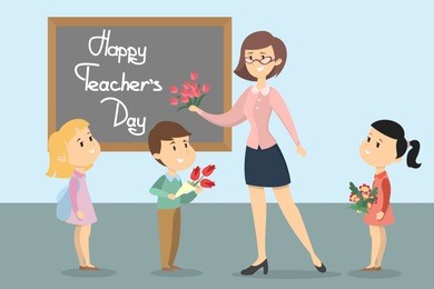 happy teachers day. smiling students and teacher with flowers.
