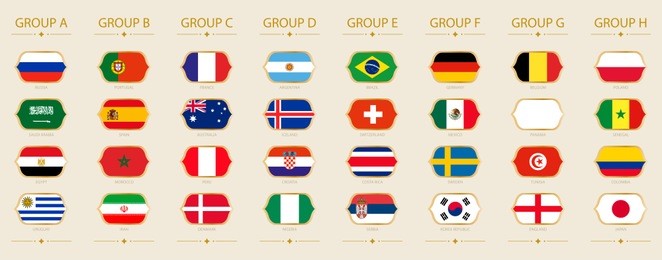flags of football tournament sorted by group on beige background