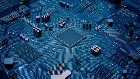 cpu chip on motherboard - abstract 3d render of a computer processor chip on a circuit board with microchips and other computer parts