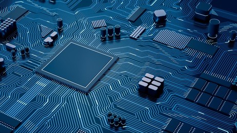 cpu chip on motherboard - abstract 3d render of a computer processor chip on a circuit board with microchips and other computer parts