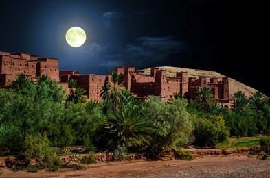kasbah ait ben haddou in the desert near atlas mountains at night, morocco