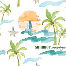 watercolor nautical theme on white background. items summer
 vacation: palm trees, umbrellas, waves can be used to design 
greeting cards, wedding invitation, birthday, calendar, photo album, 
books