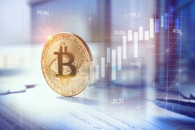 double exposure of city and cryptocurrency physical bitcoinstack on banking account in the background with chart and graph