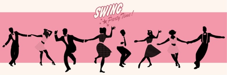 swing party time: silhouettes of four young couples wearing retro clothes dancing swing or lindy hop
