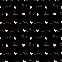 romantic seamless pattern with hand written words love and ink pink hearts on black. valentine's day concept vector illustration trendy design. backdrop for wrapping paper, invitations, greeting cards