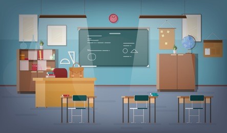 empty school classroom with green chalkboard, pendant lights, various educational materials, desks, chairs and other furnishings for teacher and students. colored vector illustration in flat style.