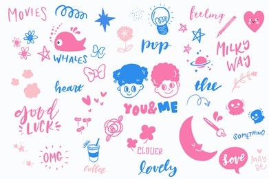 vector retro stickers graphics collection, hand drawn doodle elements set, pop color backgrounds, retro apparel sticker illustration, lovely characters