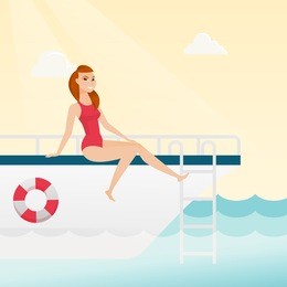 young caucasian white woman tanning on the front of the yacht. happy woman travelling by yacht. woman resting during summer trip on the yacht. vector cartoon illustration. square layout.