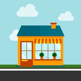 shops and stores icon in flat design vector with sky and clouds.