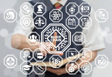 blockchain microchips information learning technology. young man using virtual touchscreen presses semiconductor blockchain button. block chain educational concept.