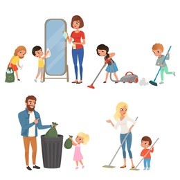 children helping their parents with housework. sweeping, vacuuming, washing floor, throwing out garbage, cleaning mirror. cartoon kids characters. flat vector design