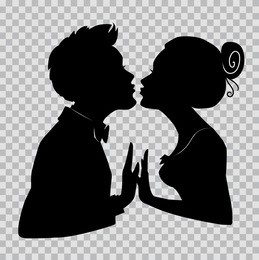 silhouettes of man and woman merge into kiss for valentines day. silhouettes of loving couple. illustration on transparent background for invitation, greeting card and different design project